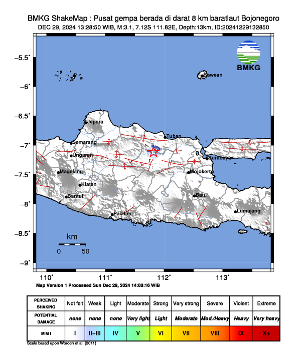 Gempabumi Tektonik Magnitudo3,1 Dirasakan di Bojonegoro