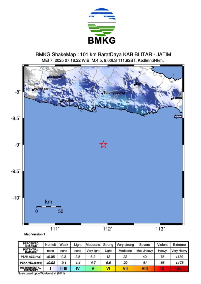 Gempabumi Tektonik M4,5 Dirasakan di Kabupaten Blitar