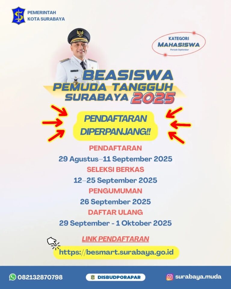 Beasiswa Pemuda Tangguh Surabaya Kategori Mahasiswa Diperpanjang, Pendaftaran hingga 11 September 2025