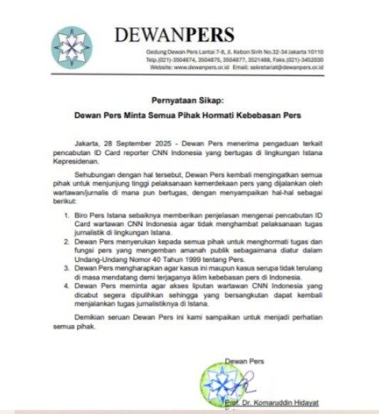 PWI Pusat Prihatin Pencabutan Kartu Liputan Istana Wartawan CNN Indonesia