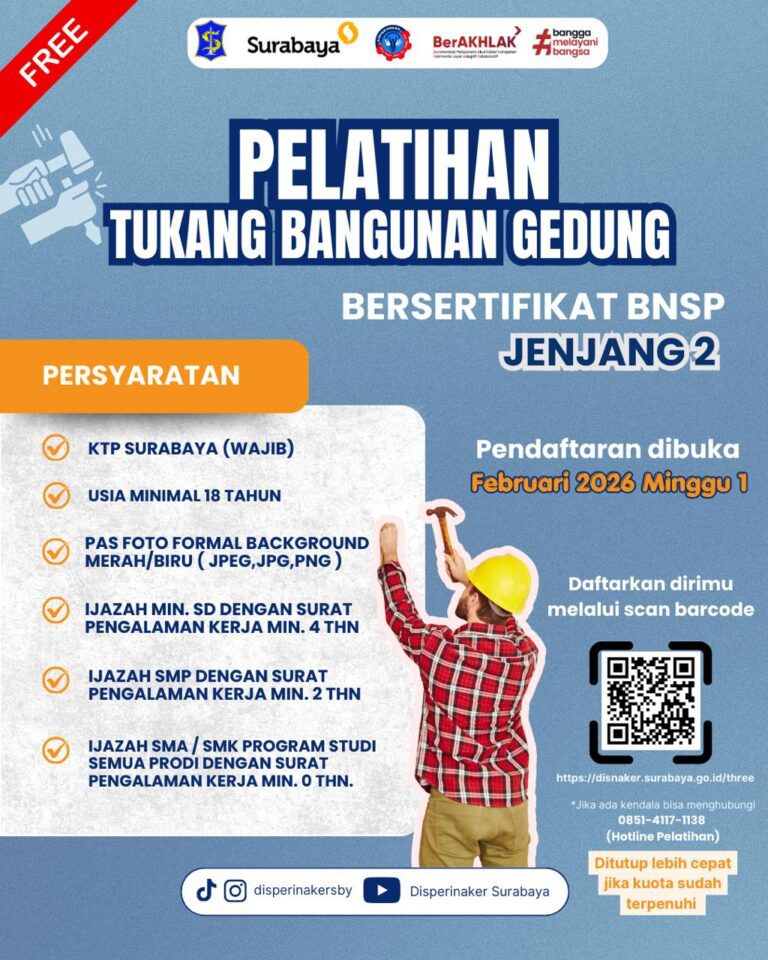 Disperinaker Surabaya Buka Pelatihan Tukang Bangunan Bersertifikat Jenjang 2