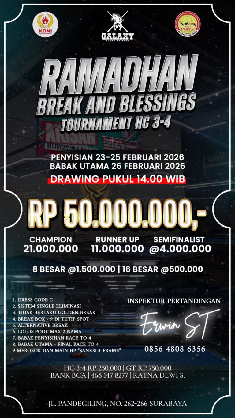 Turnamen Biliar “Ramadhan Break and Blessings HC 3–4” Digelar di Surabaya, Targetkan 200 Peserta Pemula