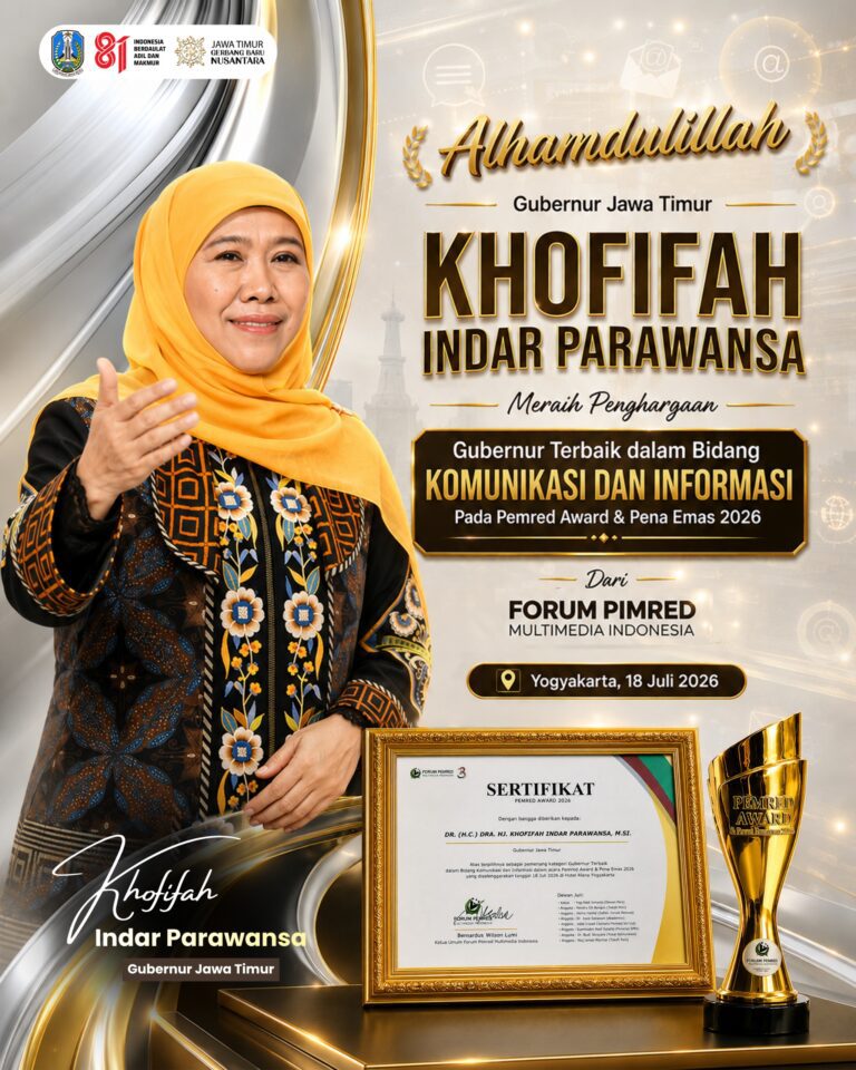 Gubernur Khofifah Raih Penghargaan Pimred Award 2026 Kategori Komunikasi dan Informasi Publik