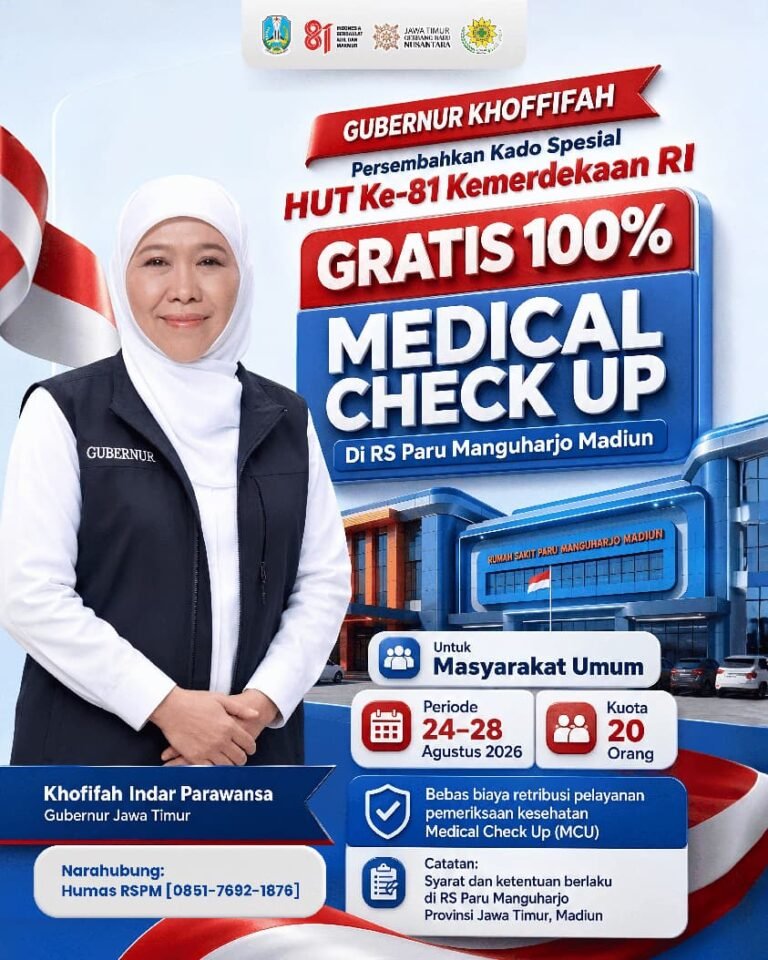 Gubernur Khofifah Kembali Beri Kado Istimewa HUT Ke-81 RI, Medical Check Up di RS Paru Manguharjo Gratis 100 Persen
