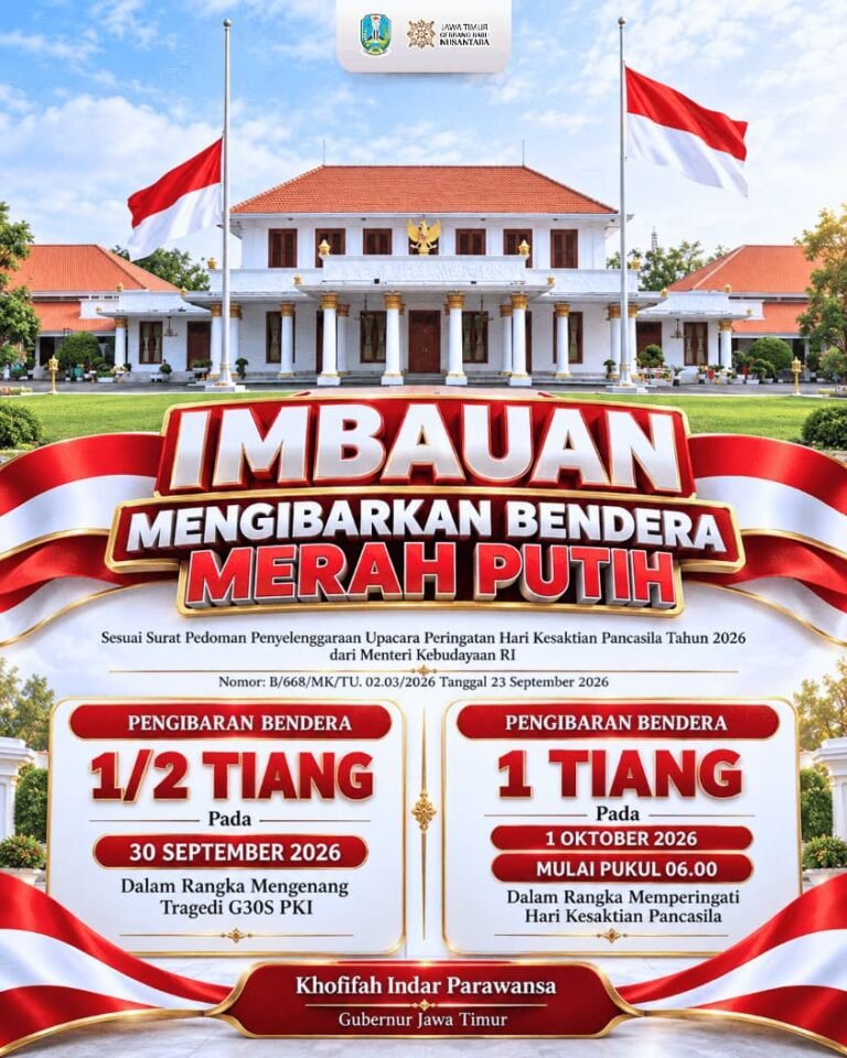 Gubernur Khofifah Imbau Warga Jatim Kibarkan Bendera Setengah Tiang Kenang G30S dan Kibarkan Satu Tiang Penuh di Hari Kesaktian Pancasila