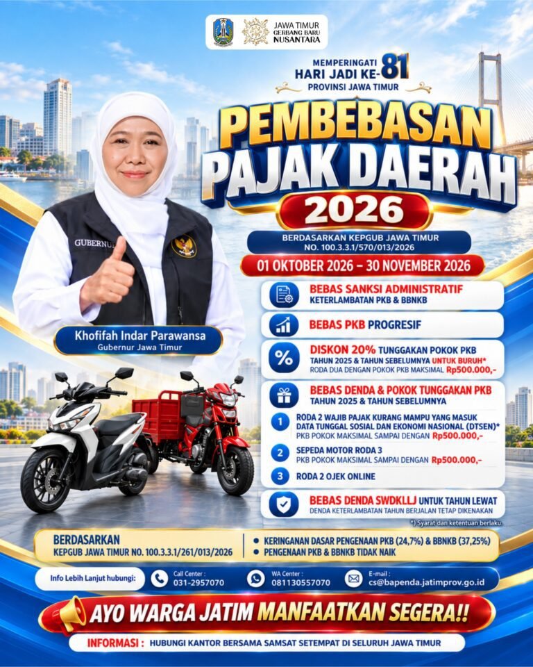 Sambut Hari Jadi ke-81 Jatim, Gubernur Khofifah Kembali Berikan Pembebasan dan Keringanan Pajak Kendaraan Bermotor Selama Dua Bulan