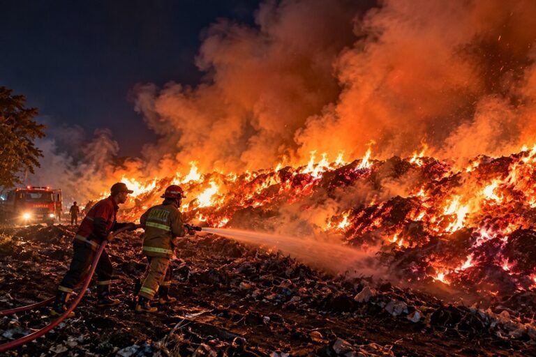 Tumpukan Limbah Kayu Terbakar, Damkar Lumajang Cegah Api Mendekati Permukiman