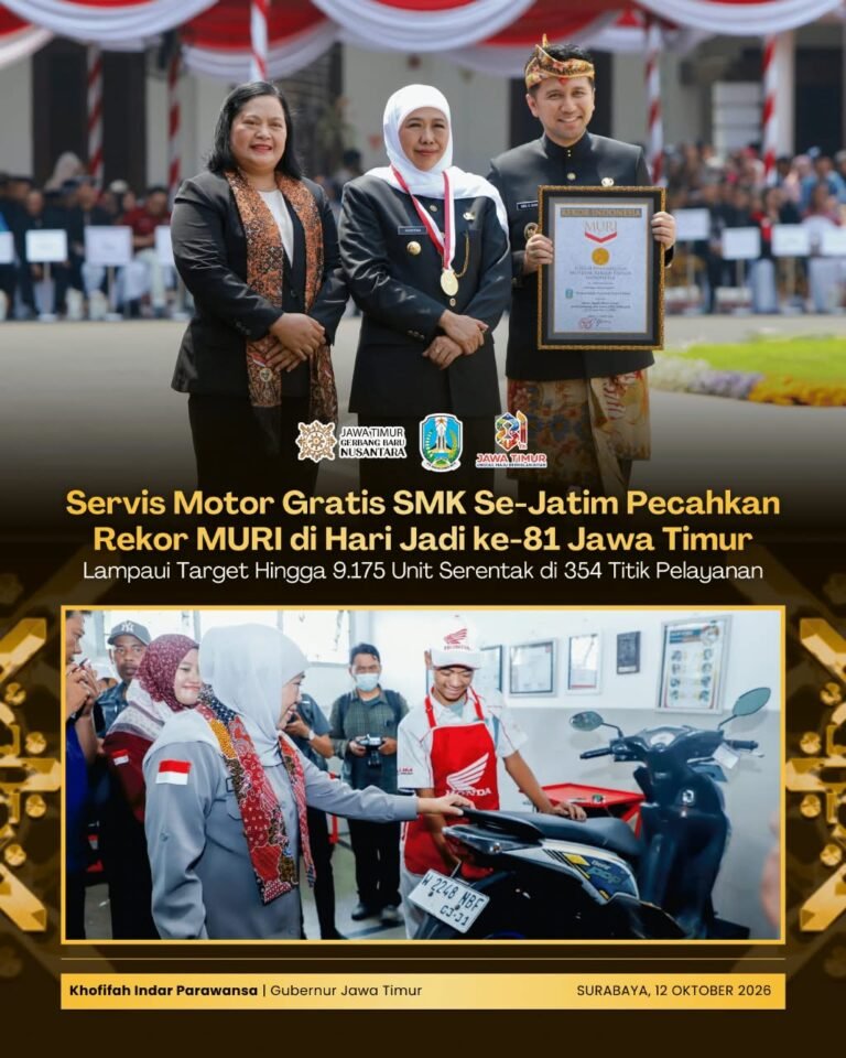 Servis Motor Gratis SMK Se-Jatim Pecahkan Rekor MURI di Hari Jadi ke-81 Jawa Timur: Lampaui Target Hingga 9.175 Unit Serentak di 354 Titik Pelayanan